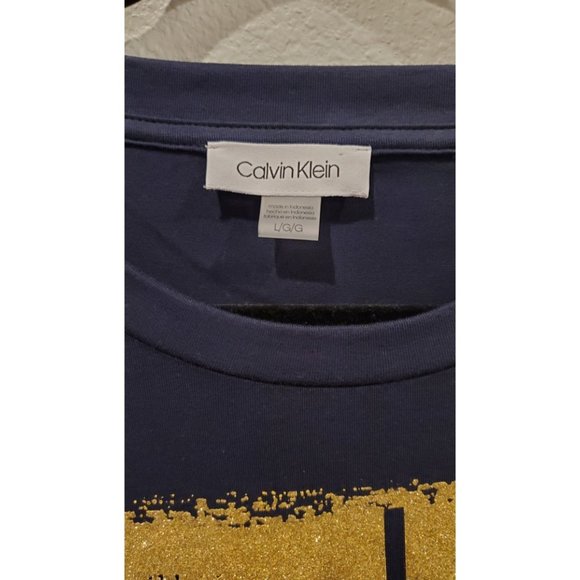 CALVIN KLEIN Logo T-Shirt Navy Blue/Gold Dress - Picture 2 of 2